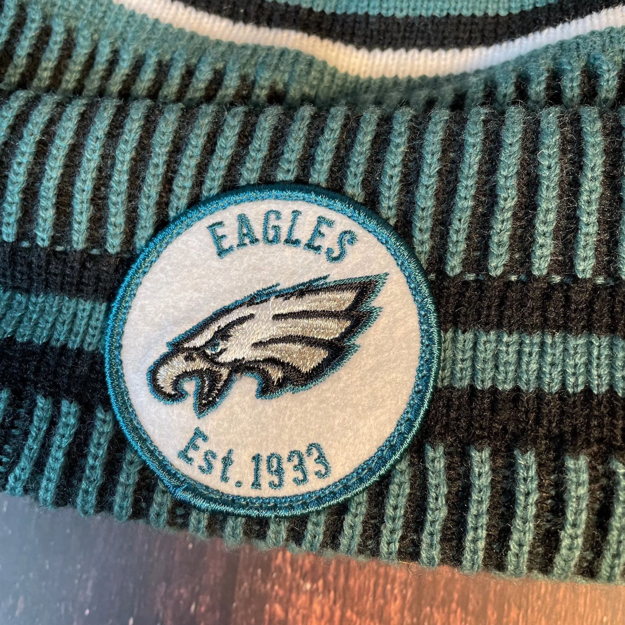 Philadelphia Eagles Striped Pom Pom Beanie - Midnight Green, Black, White