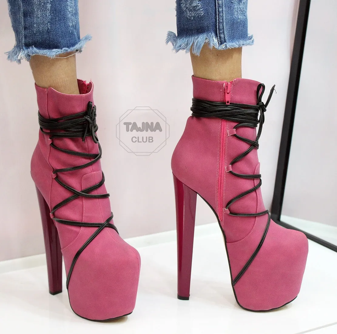 Pink lace up platform boots