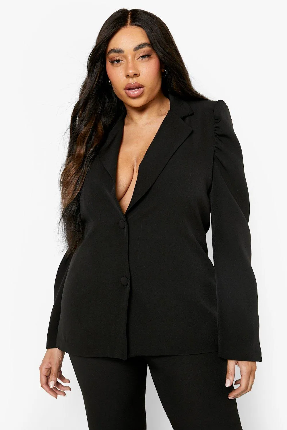 Plus Puff Sleeve Double Breasted Blazer