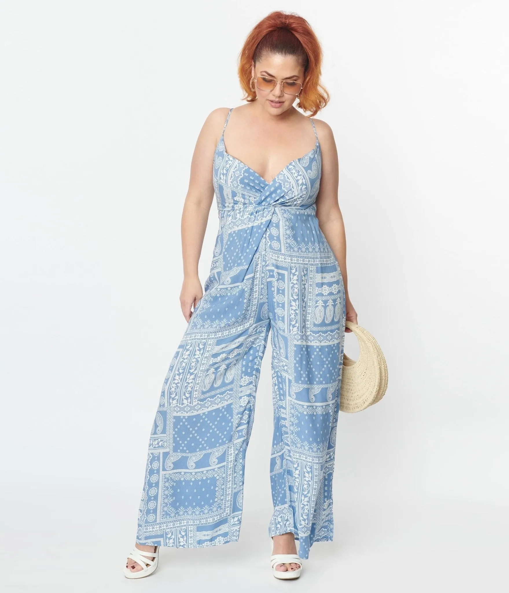 Plus Size Light Blue Bandana Print Jumpsuit