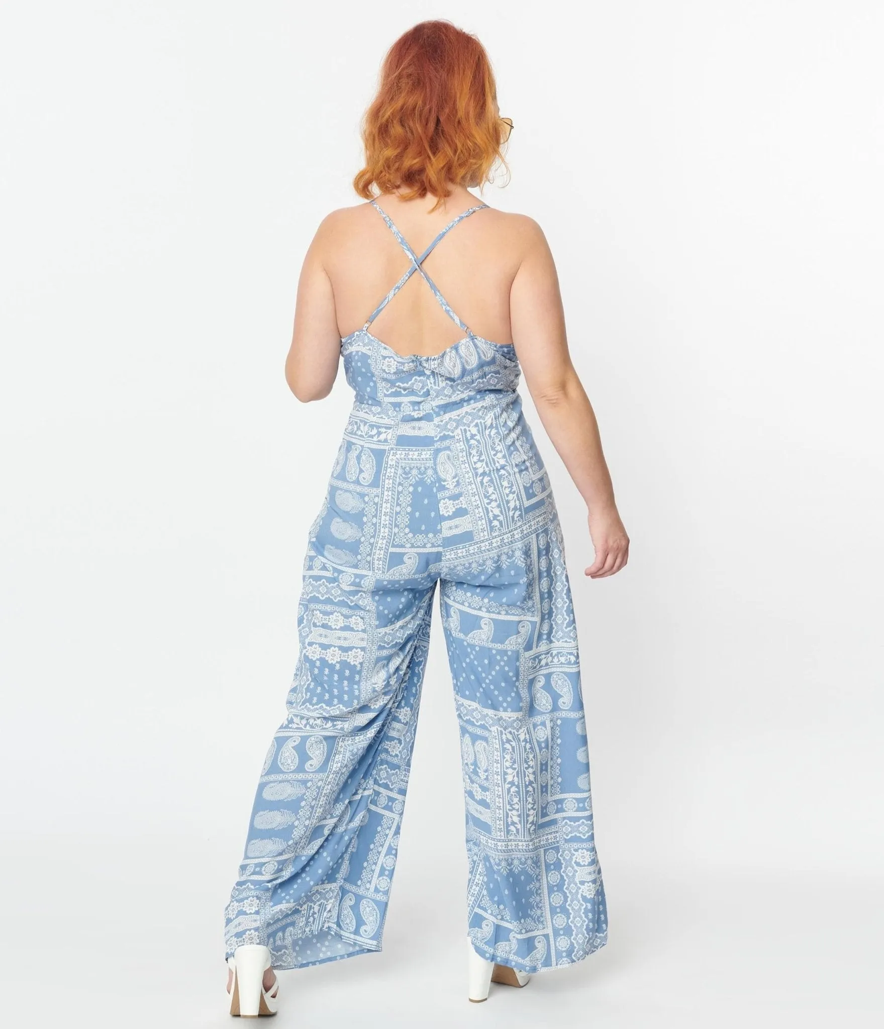 Plus Size Light Blue Bandana Print Jumpsuit