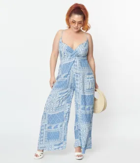 Plus Size Light Blue Bandana Print Jumpsuit