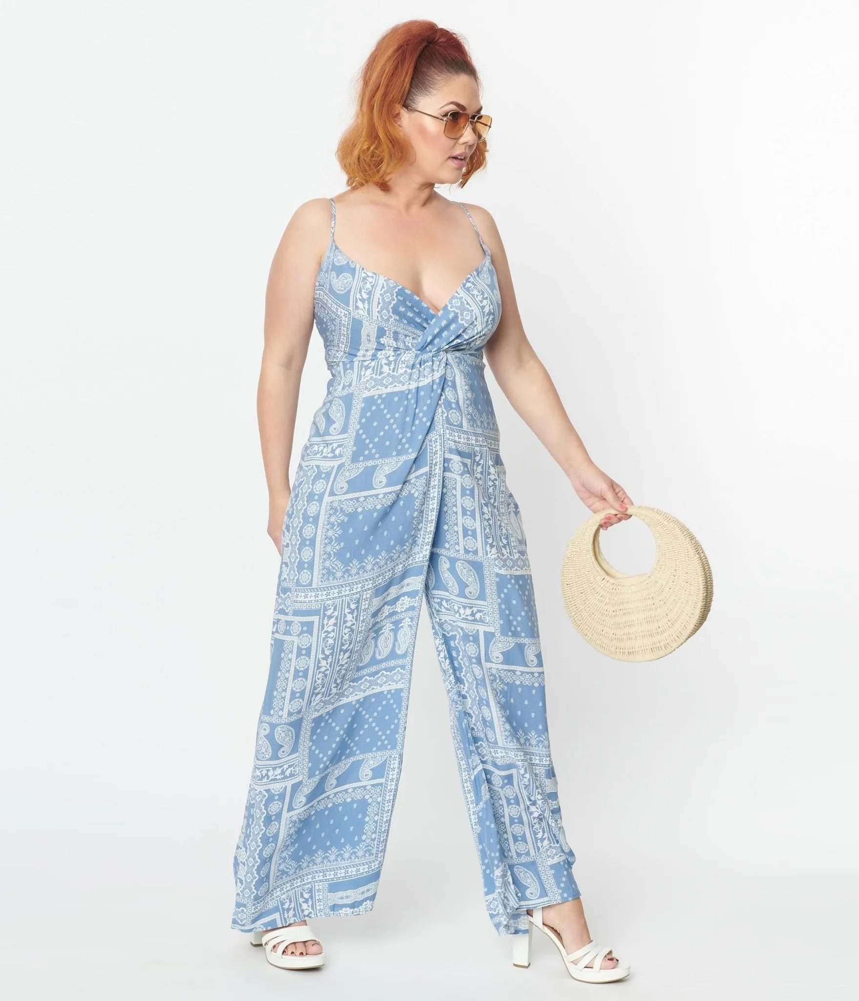 Plus Size Light Blue Bandana Print Jumpsuit