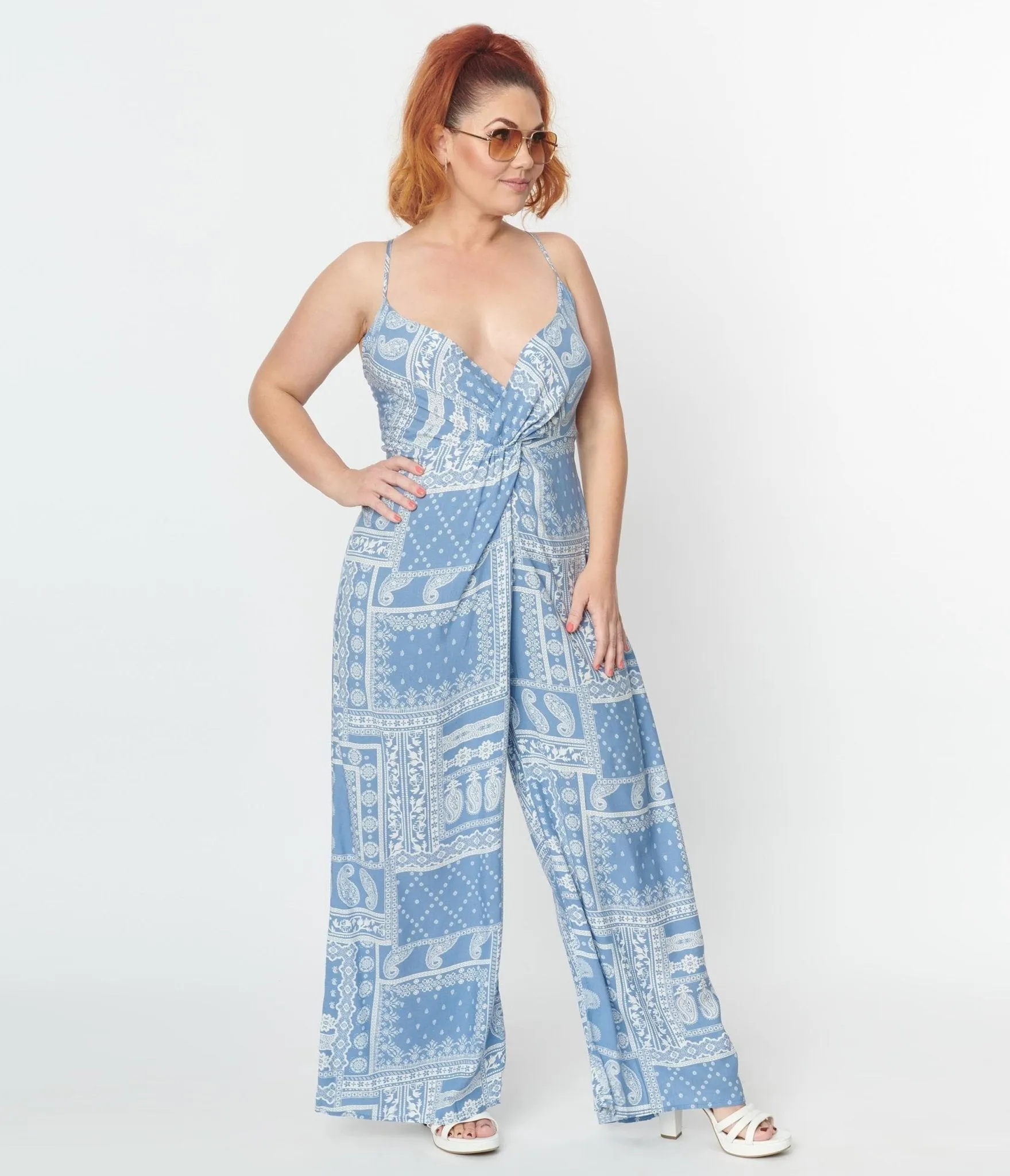 Plus Size Light Blue Bandana Print Jumpsuit