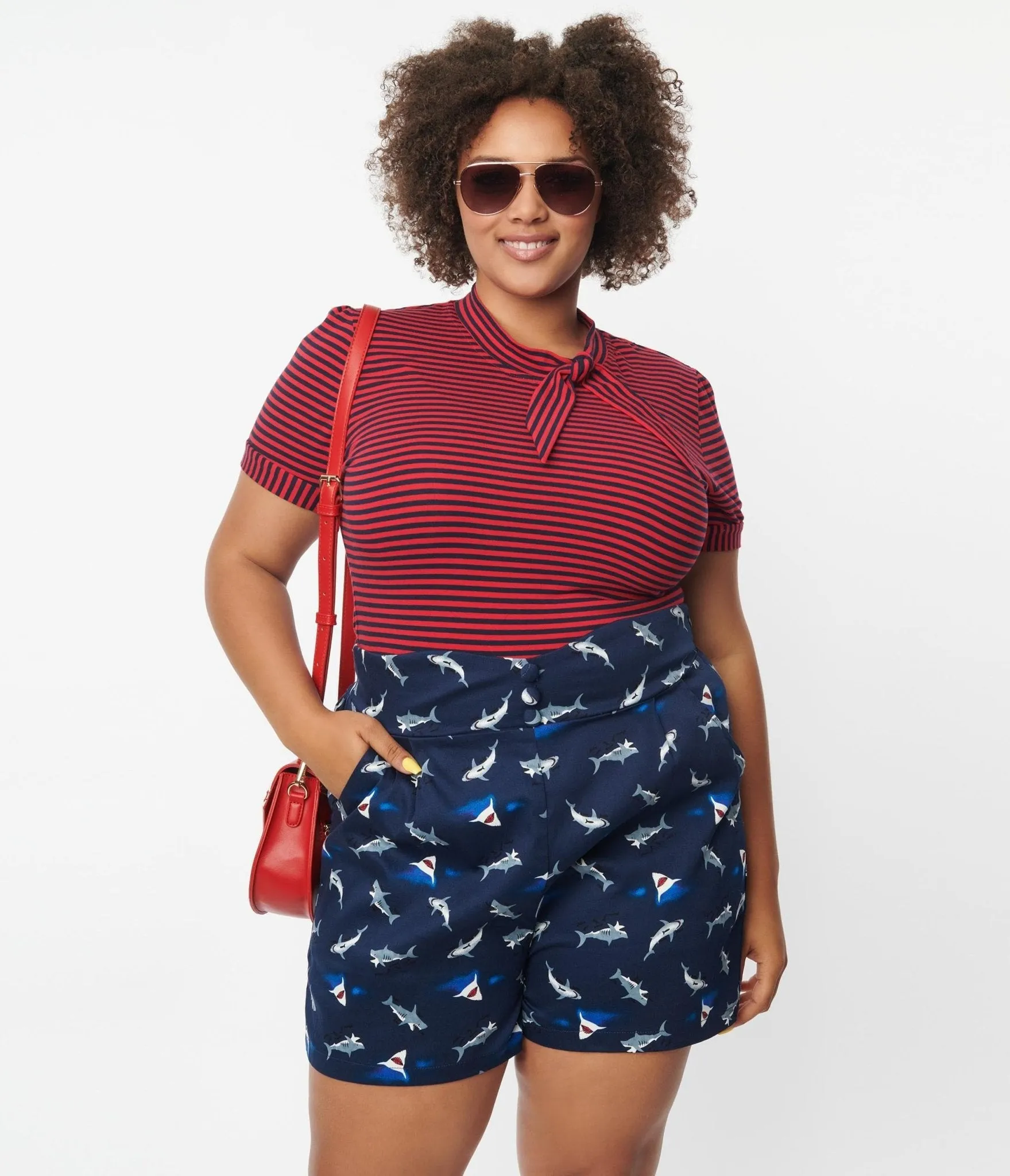 Plus Size Navy & Shark Print Shorts