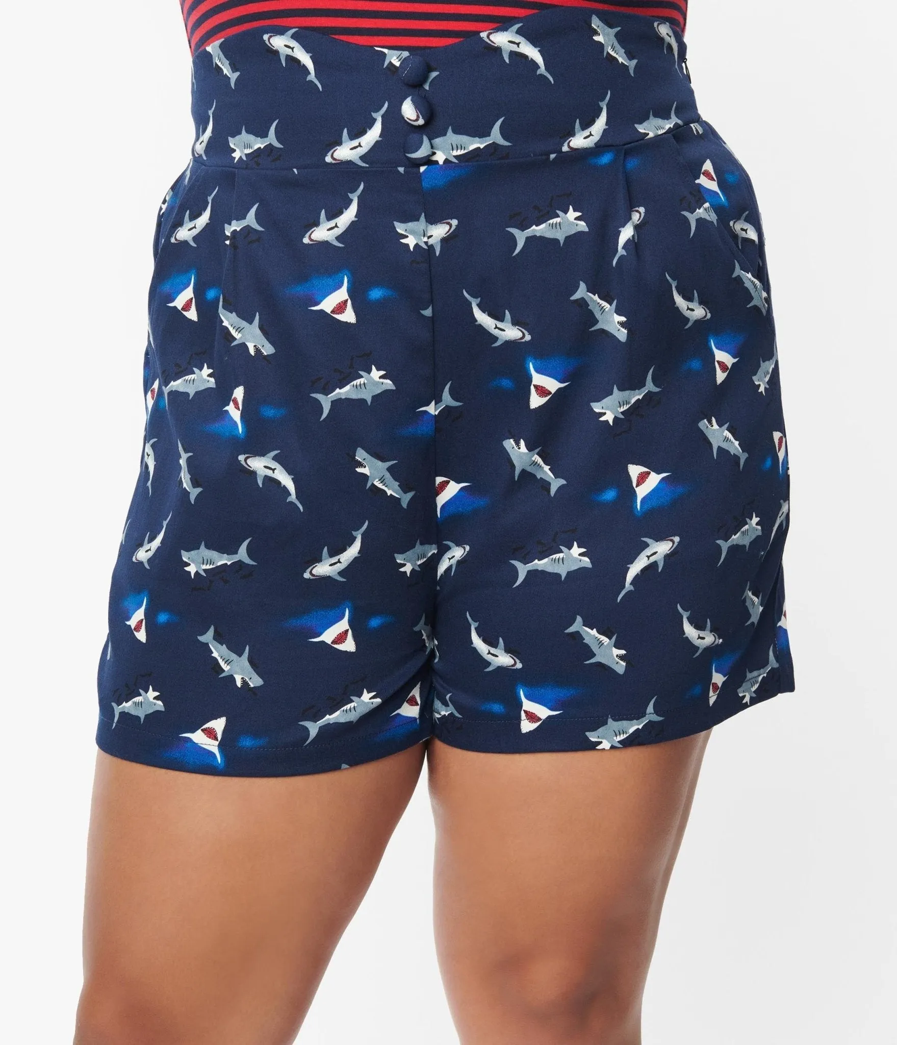 Plus Size Navy & Shark Print Shorts