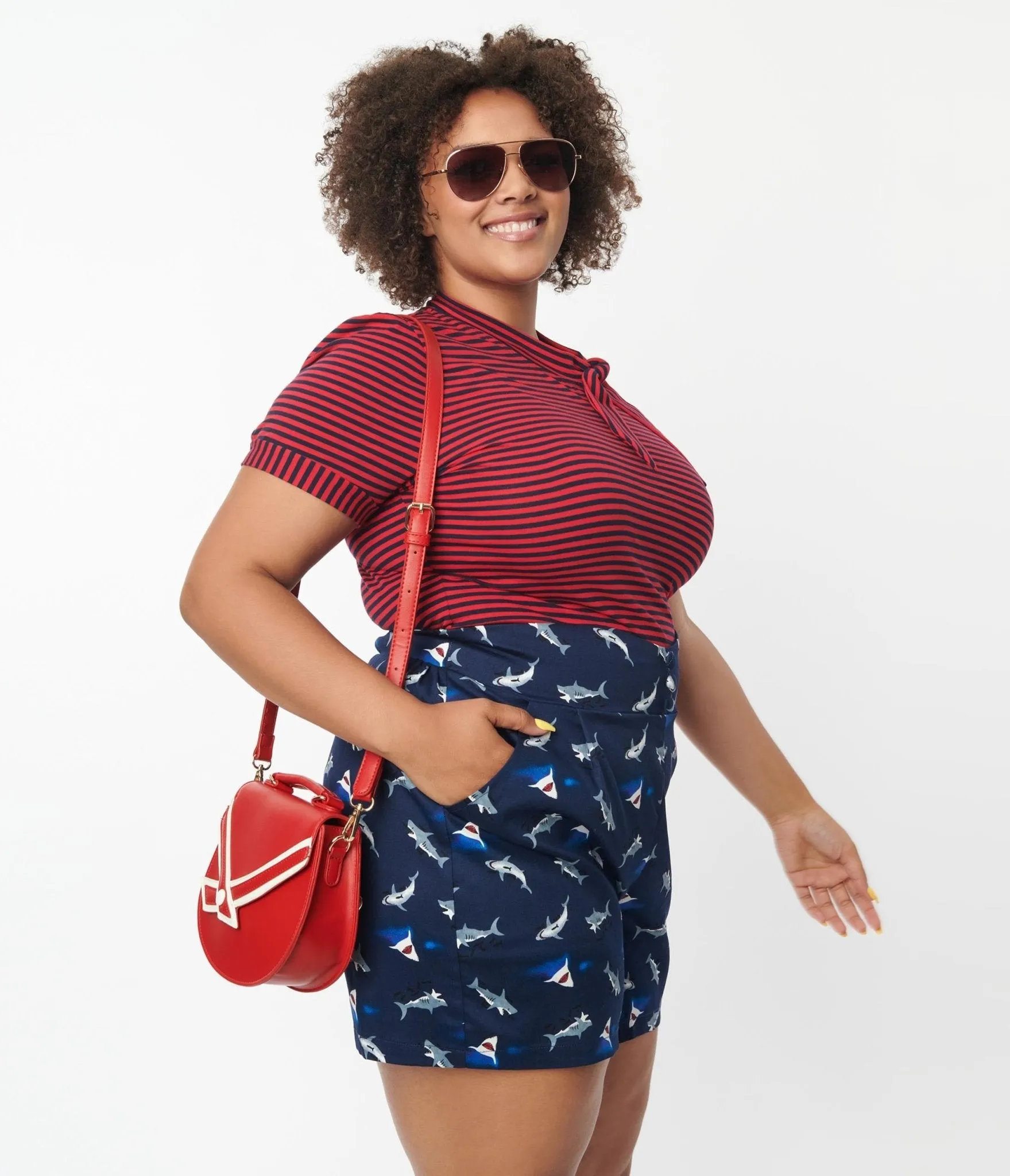 Plus Size Navy & Shark Print Shorts