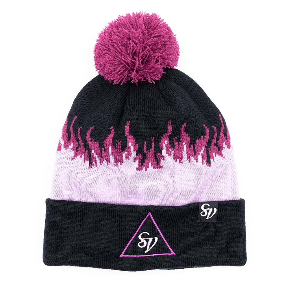 Purple Pom Pom Beanie with Flame Design