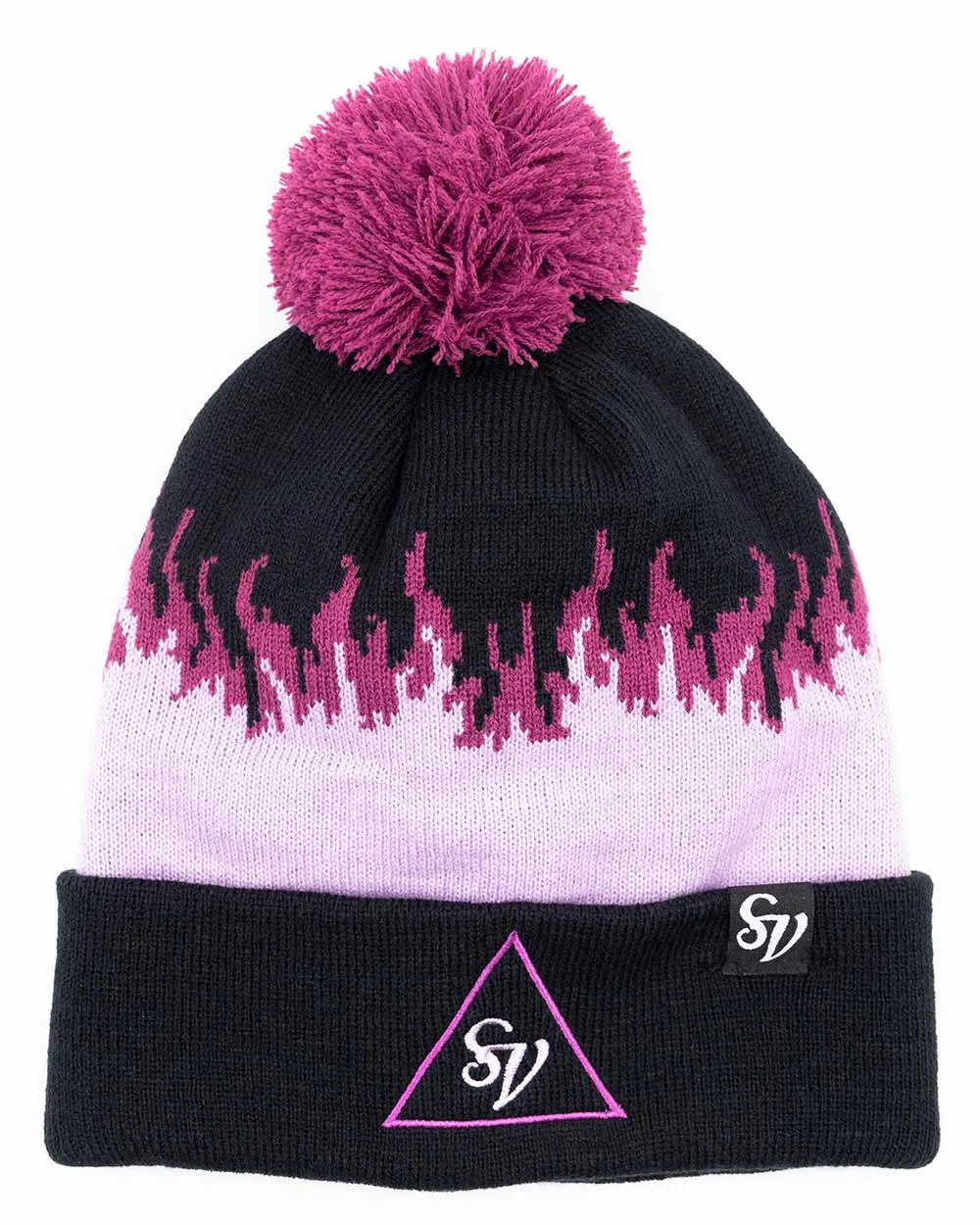 Purple Pom Pom Beanie with Flame Design