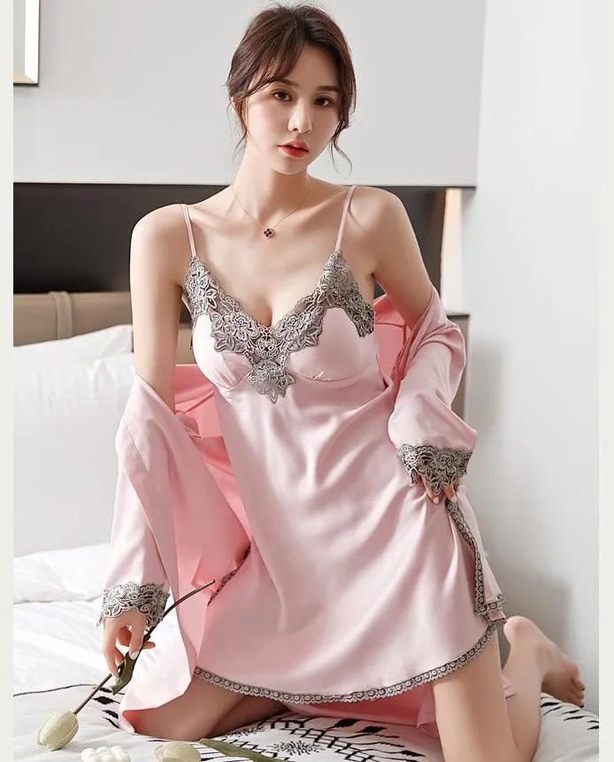 QIANTANG Silk Lace Satin Pajama Set for Women - 5PC V-Neck Sleep Suit