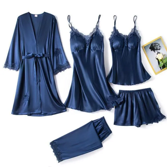 QIANTANG Silk Lace Satin Pajama Set for Women - 5PC V-Neck Sleep Suit