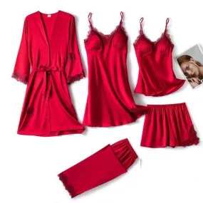 QIANTANG Silk Lace Satin Pajama Set for Women - 5PC V-Neck Sleep Suit