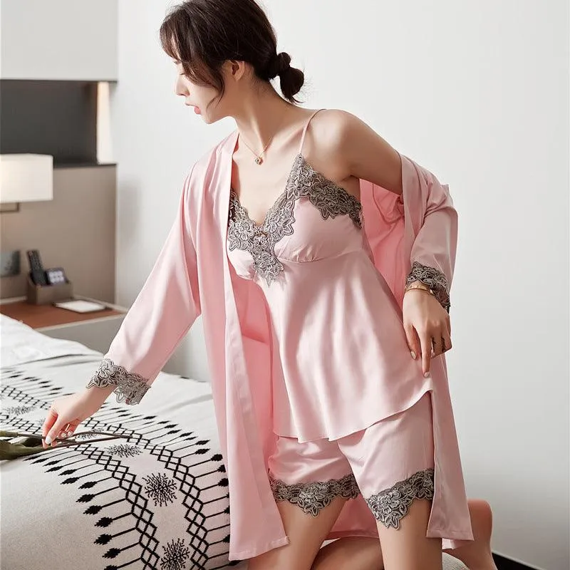 QIANTANG Silk Lace Satin Pajama Set for Women - 5PC V-Neck Sleep Suit