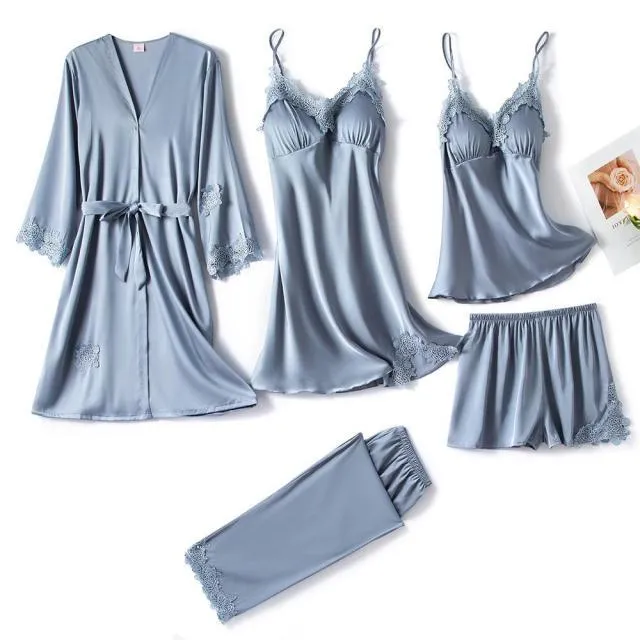 QIANTANG Silk Lace Satin Pajama Set for Women - 5PC V-Neck Sleep Suit