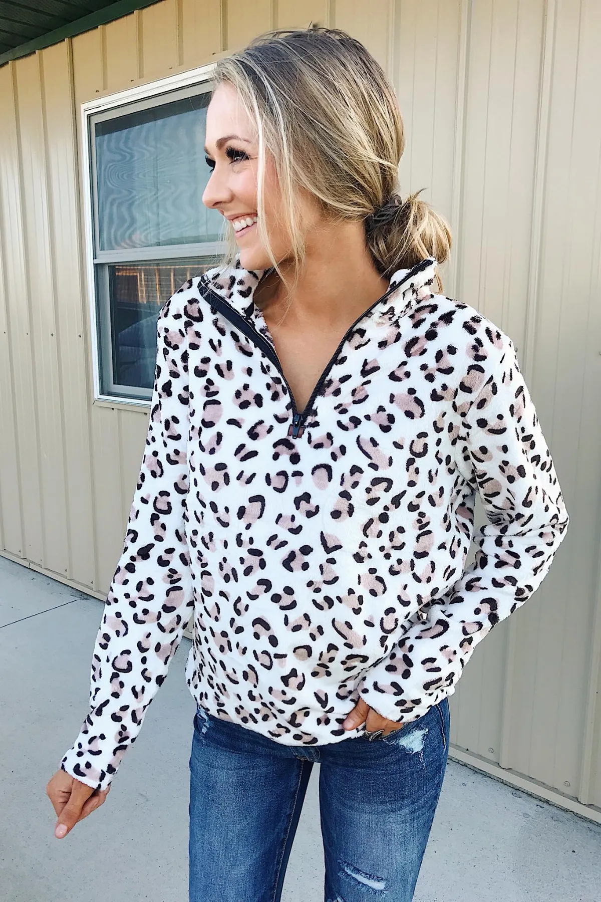 Quarter Zip Leopard Sherpa - Ivory & Mocha | Highly Sought-after Fashion Staple