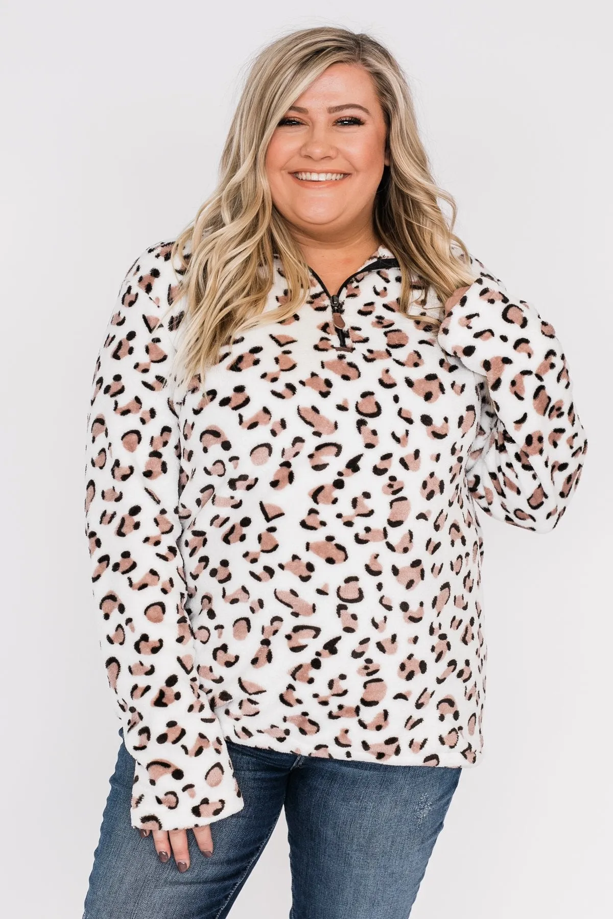 Quarter Zip Leopard Sherpa - Ivory & Mocha | Highly Sought-after Fashion Staple