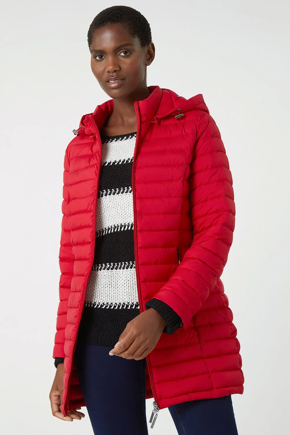 Red Longline Hooded Padded Coat | Roman UK