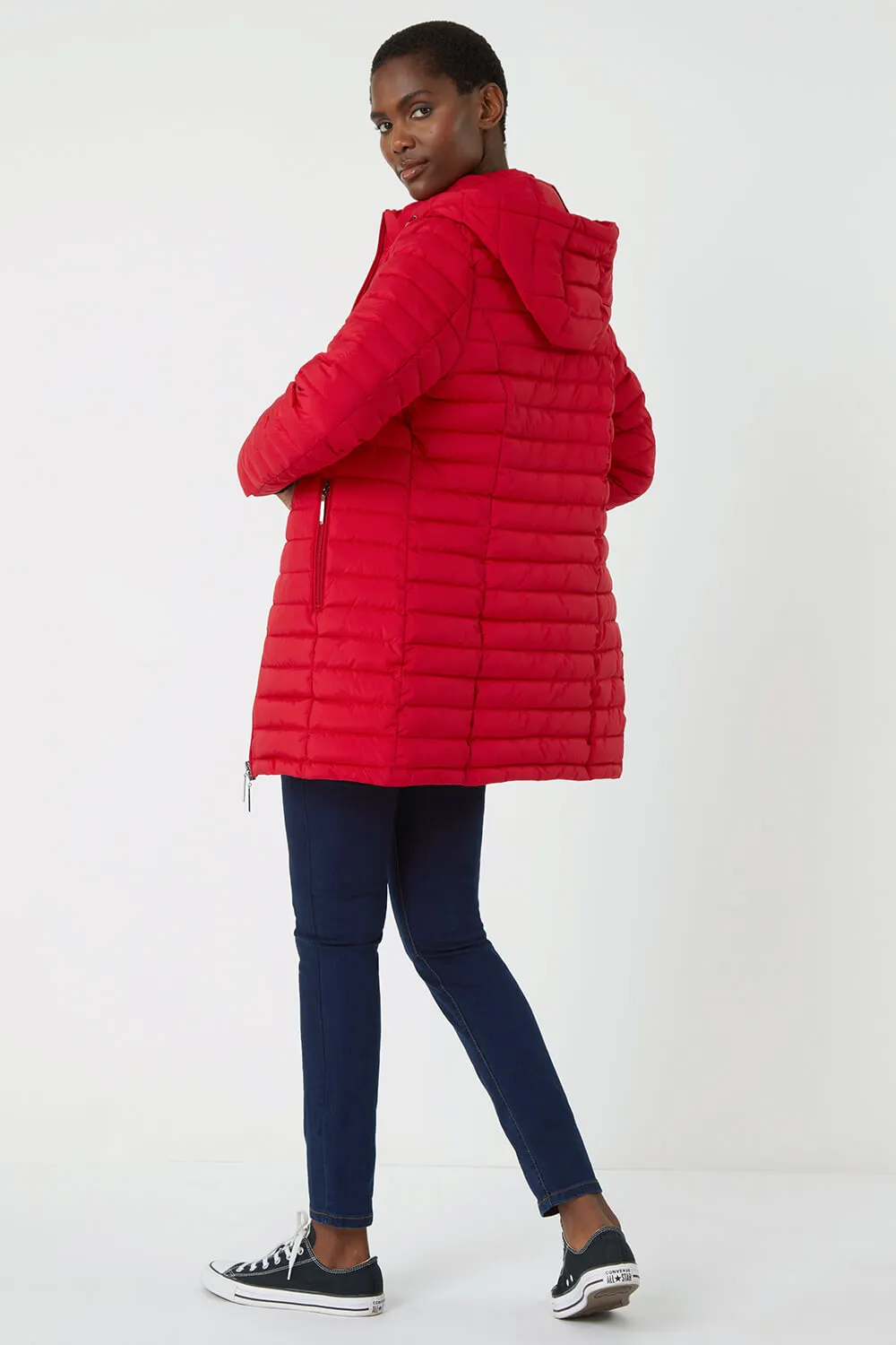 Red Longline Hooded Padded Coat | Roman UK