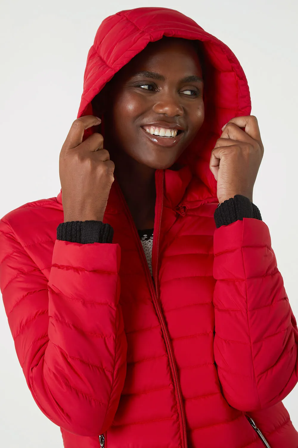 Red Longline Hooded Padded Coat | Roman UK