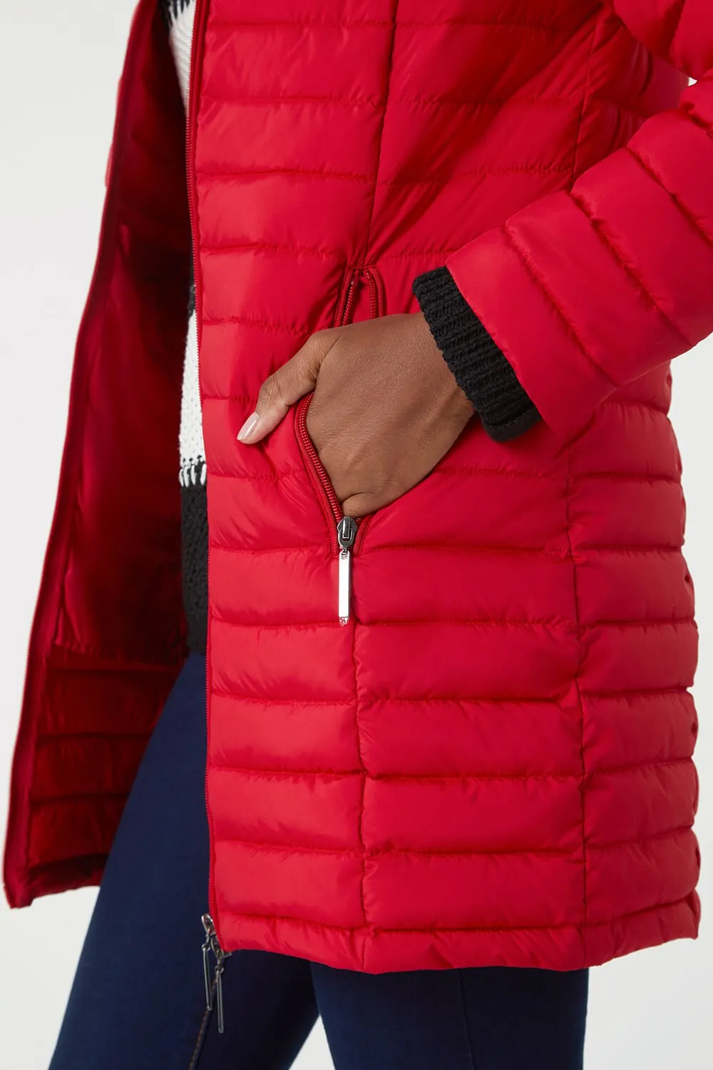 Red Longline Hooded Padded Coat | Roman UK