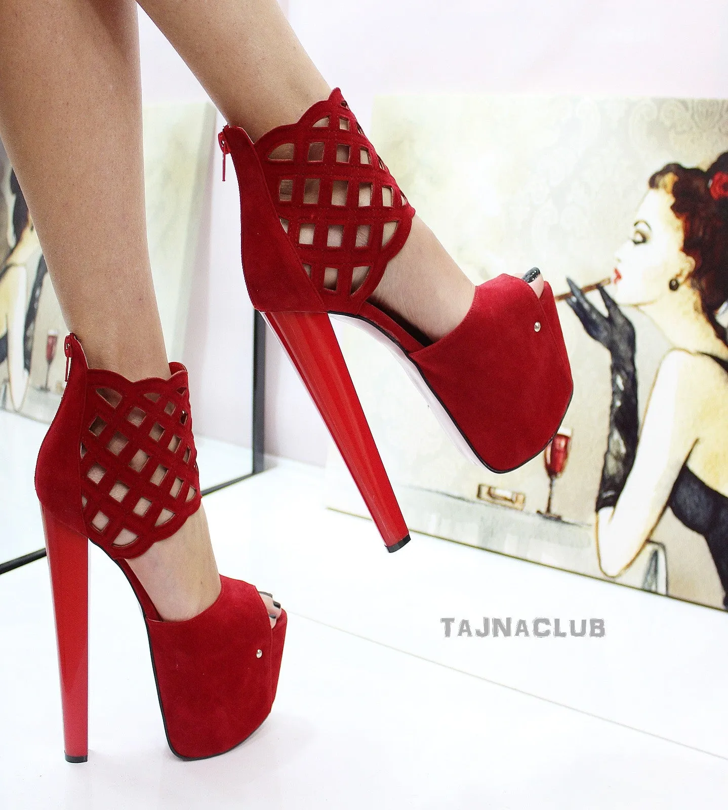 Red Suede Peep toe Platform High Heels