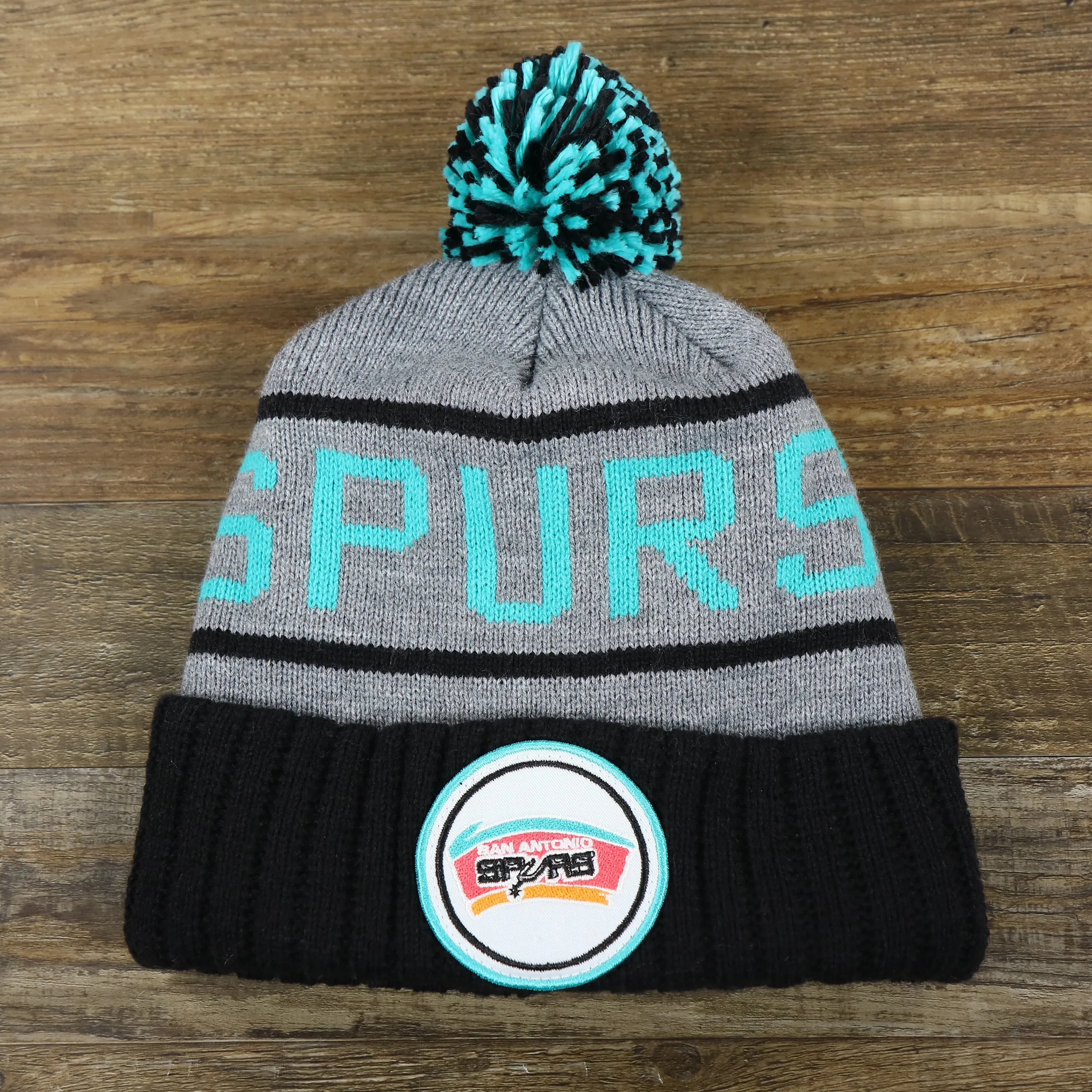 Retro San Antonio Spurs Striped Beanie | Gray and Black Winter Pom Pom Cap