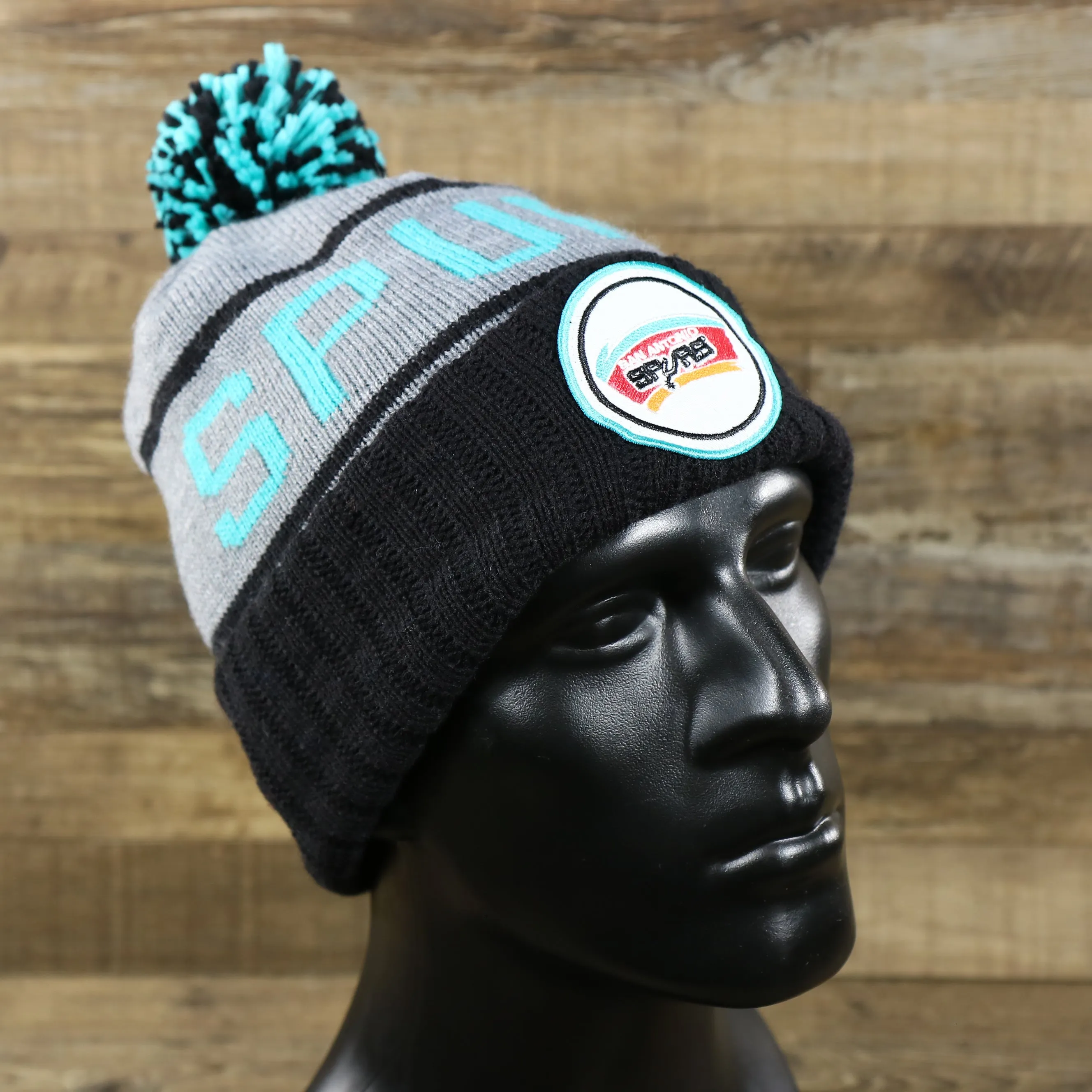 Retro San Antonio Spurs Striped Beanie | Gray and Black Winter Pom Pom Cap