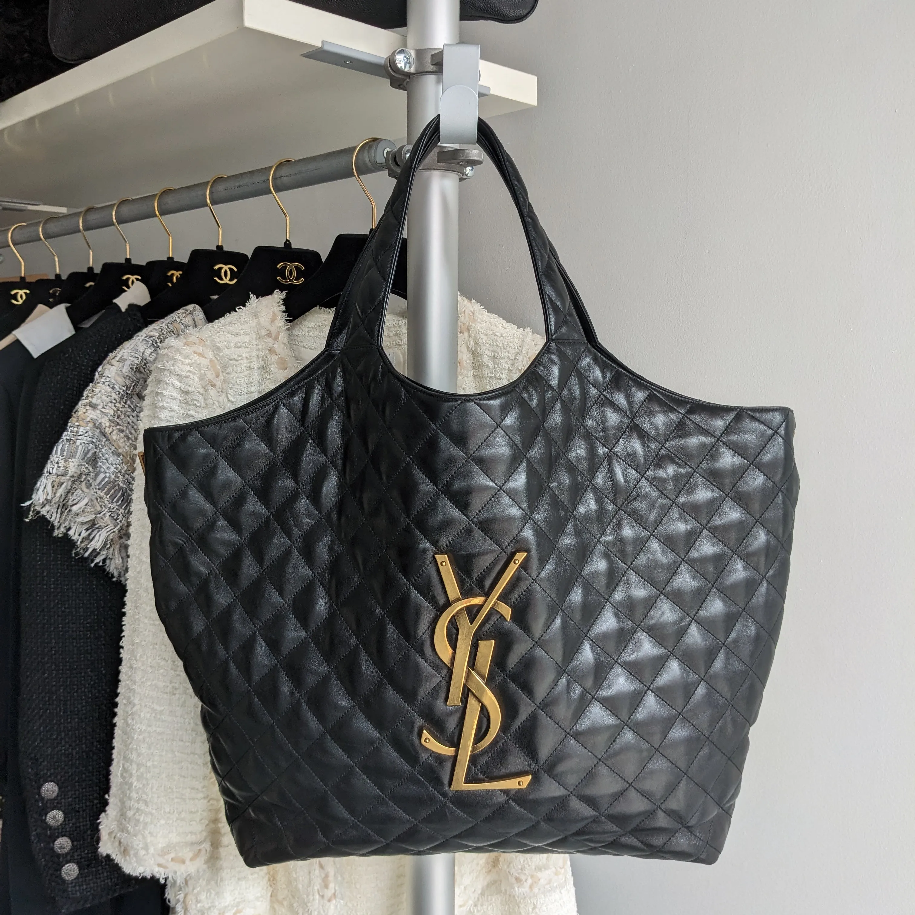 Saint Laurent Black Quilted Lambskin Maxi Shopping Tote Bag