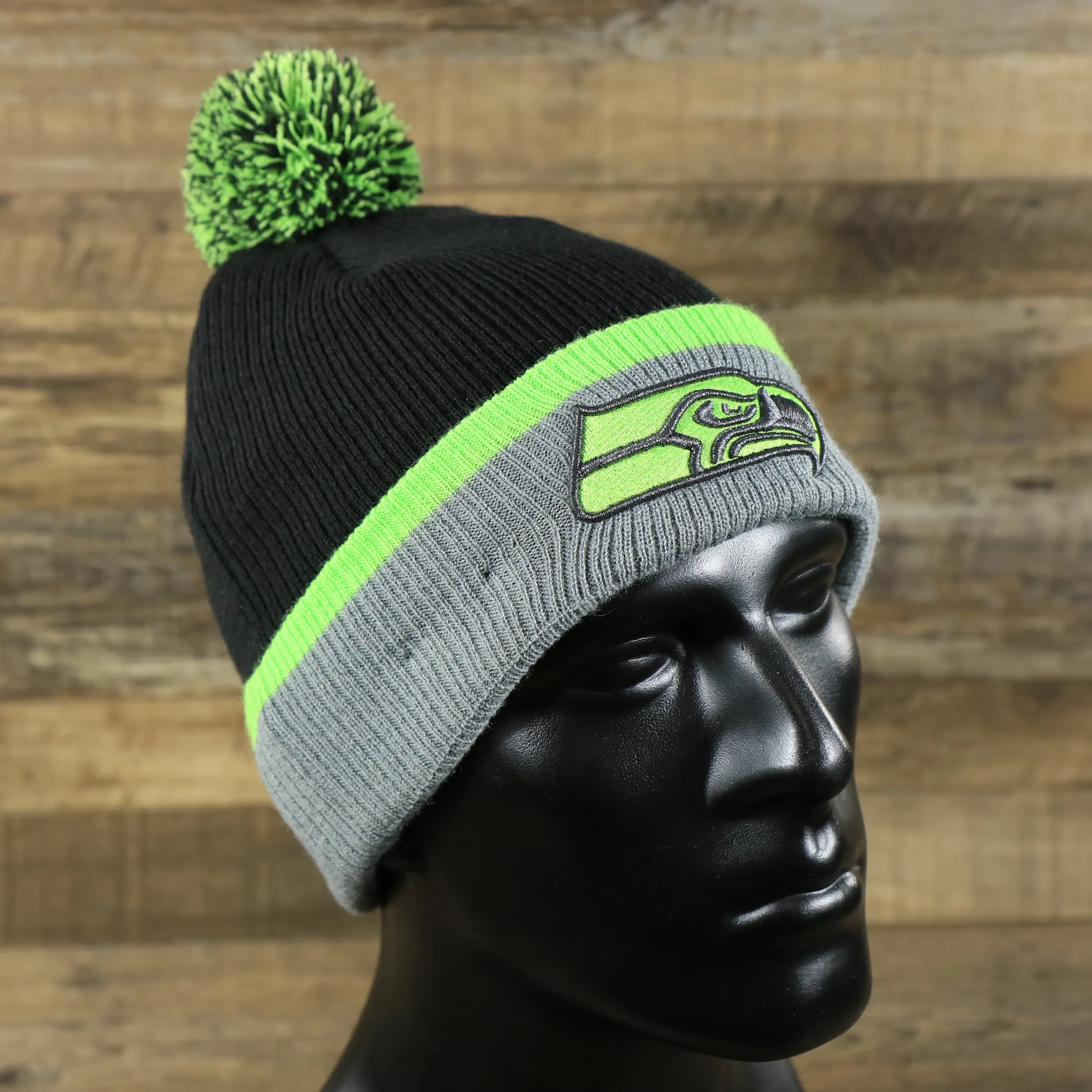 Seattle Seahawks Winter Knit Beanie - Charcoal with Neon Green Pom Pom | Gray and Neon Green Winter Beanie