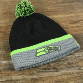 Seattle Seahawks Winter Knit Beanie - Charcoal with Neon Green Pom Pom | Gray and Neon Green Winter Beanie