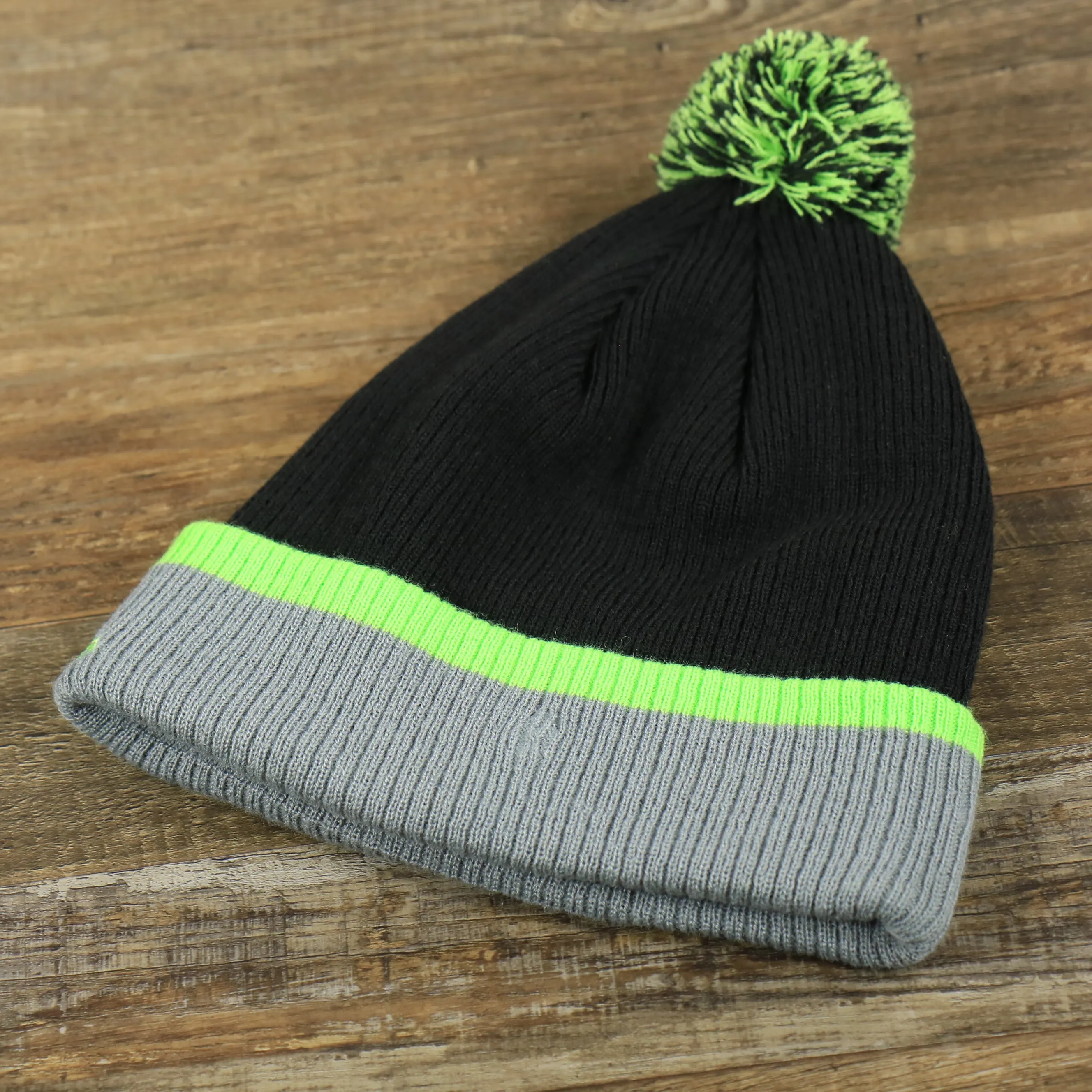 Seattle Seahawks Winter Knit Beanie - Charcoal with Neon Green Pom Pom | Gray and Neon Green Winter Beanie