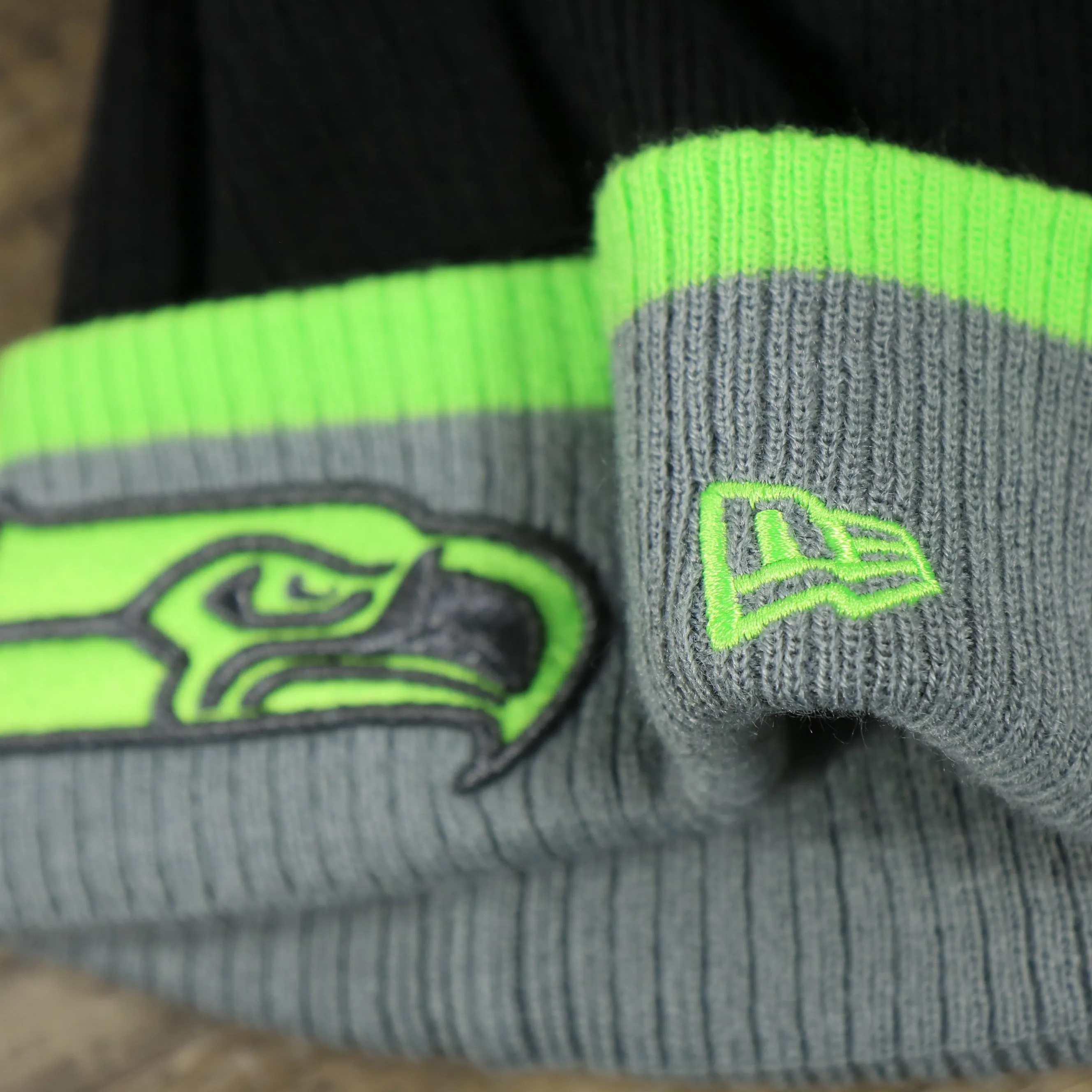 Seattle Seahawks Winter Knit Beanie - Charcoal with Neon Green Pom Pom | Gray and Neon Green Winter Beanie