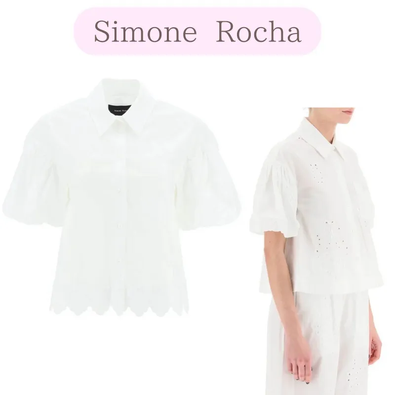 Simone Rocha lace-up casual cotton blouse with elegant puff sleeves