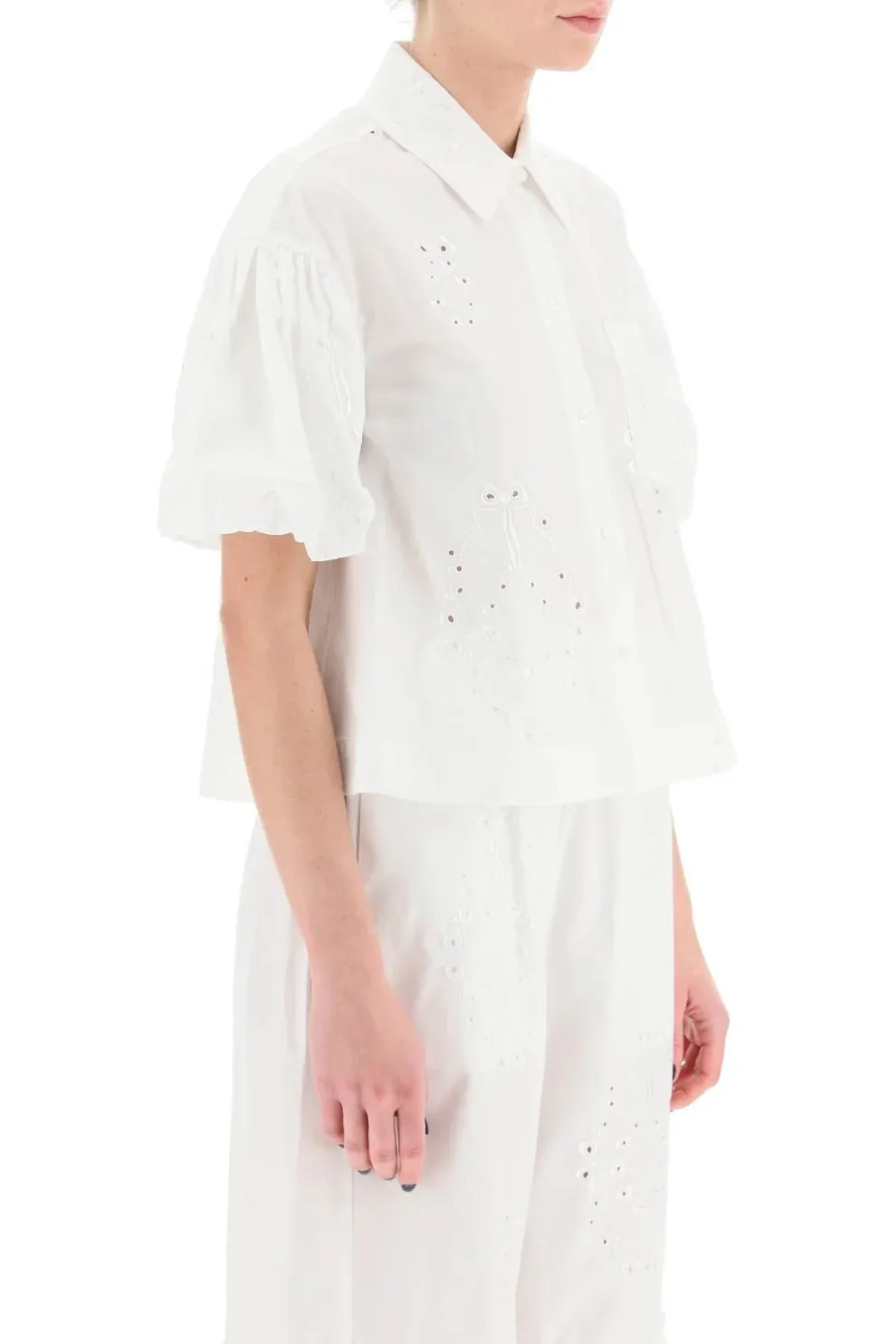 Simone Rocha lace-up casual cotton blouse with elegant puff sleeves