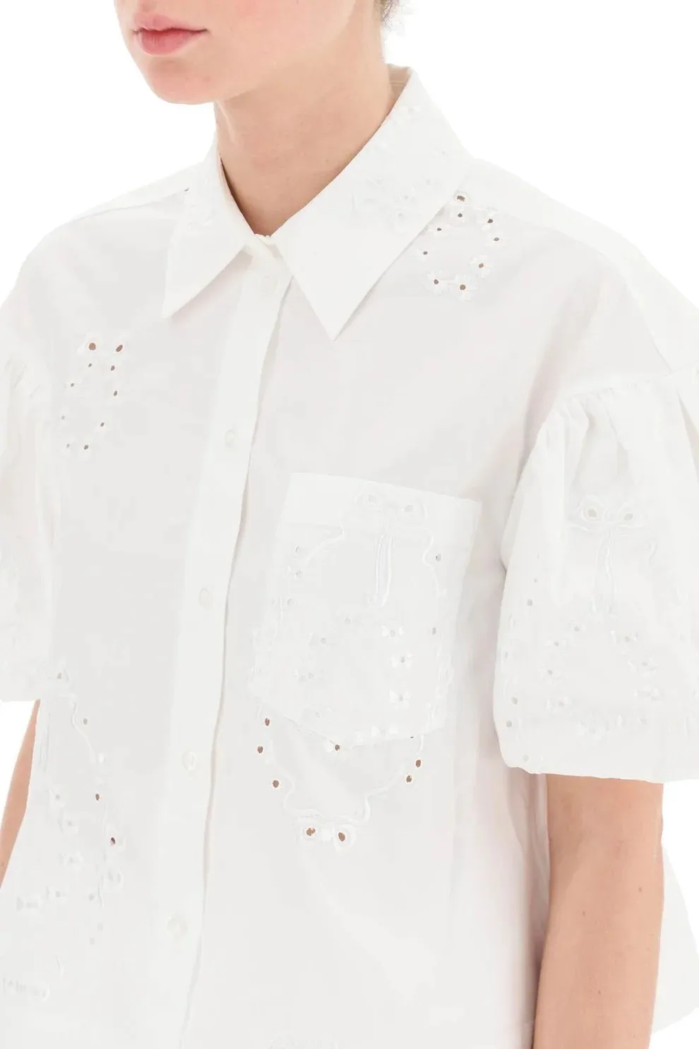 Simone Rocha lace-up casual cotton blouse with elegant puff sleeves