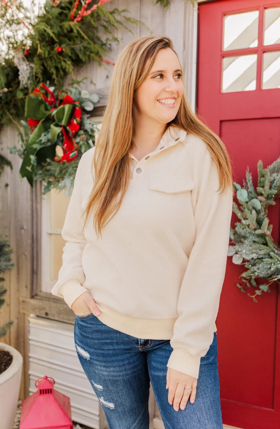 Simple Days Plush Button Pullover - Cream