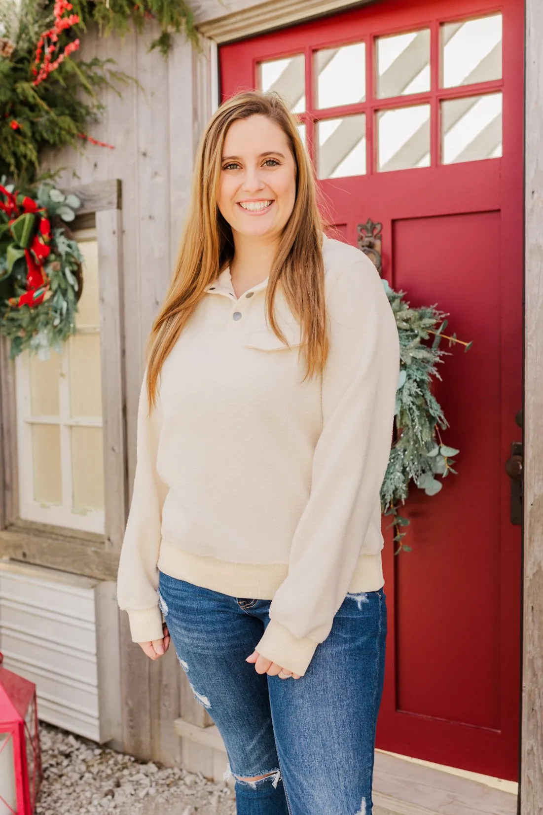 Simple Days Plush Button Pullover - Cream