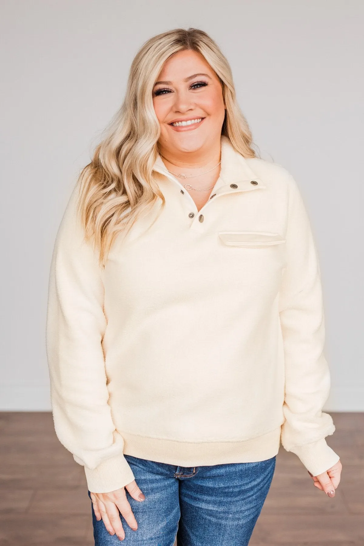 Simple Days Plush Button Pullover - Cream