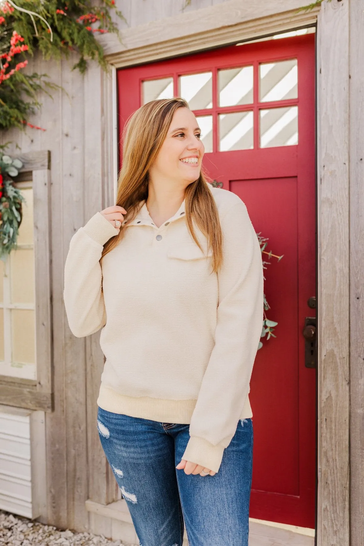 Simple Days Plush Button Pullover - Cream