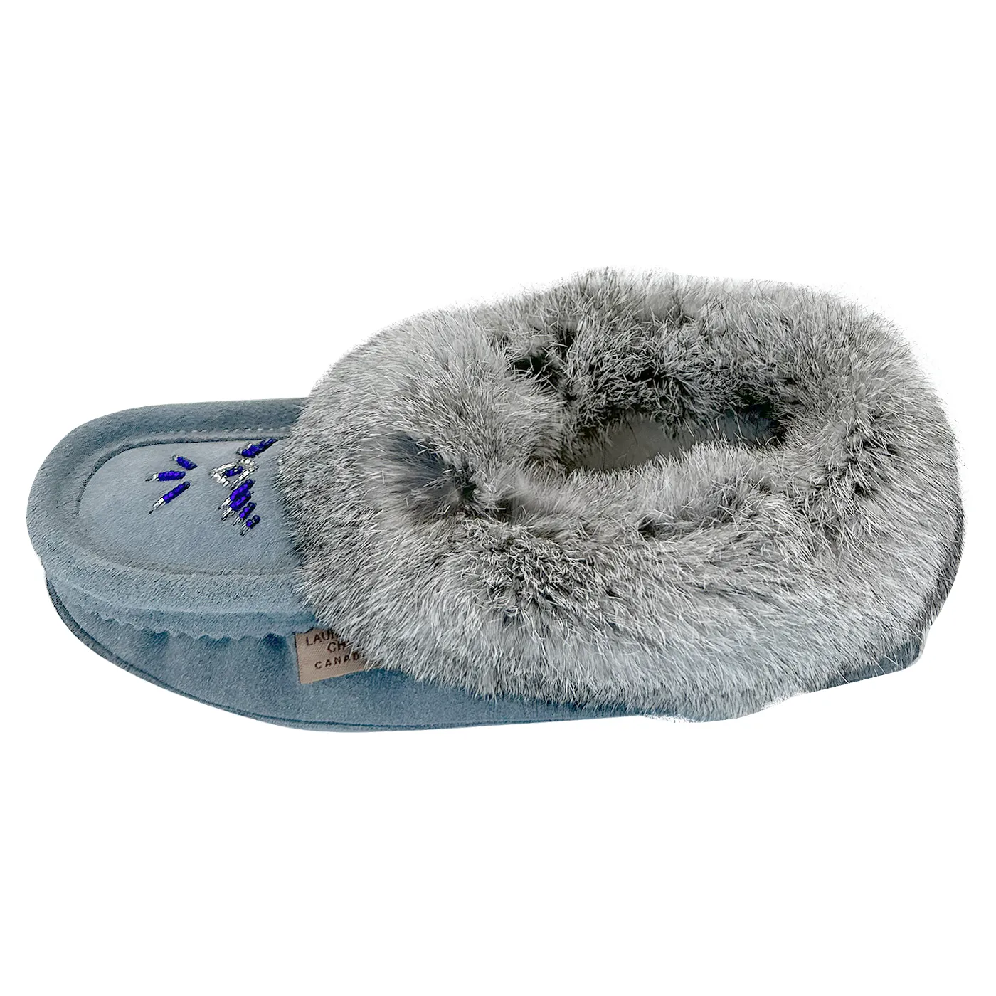 Sky Blue Suede Moccasins: Women's Fleece Lined Rabbit Fur