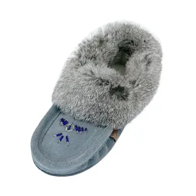 Sky Blue Suede Moccasins: Women's Fleece Lined Rabbit Fur