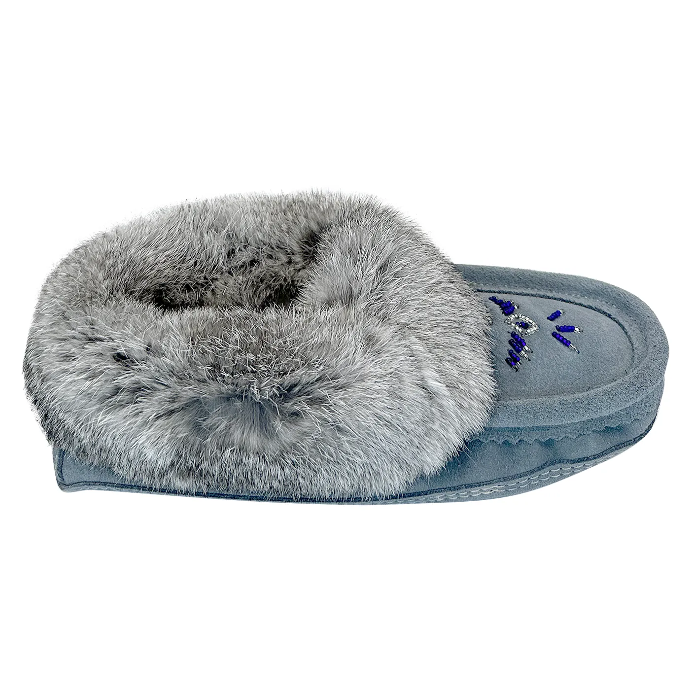 Sky Blue Suede Moccasins: Women's Fleece Lined Rabbit Fur