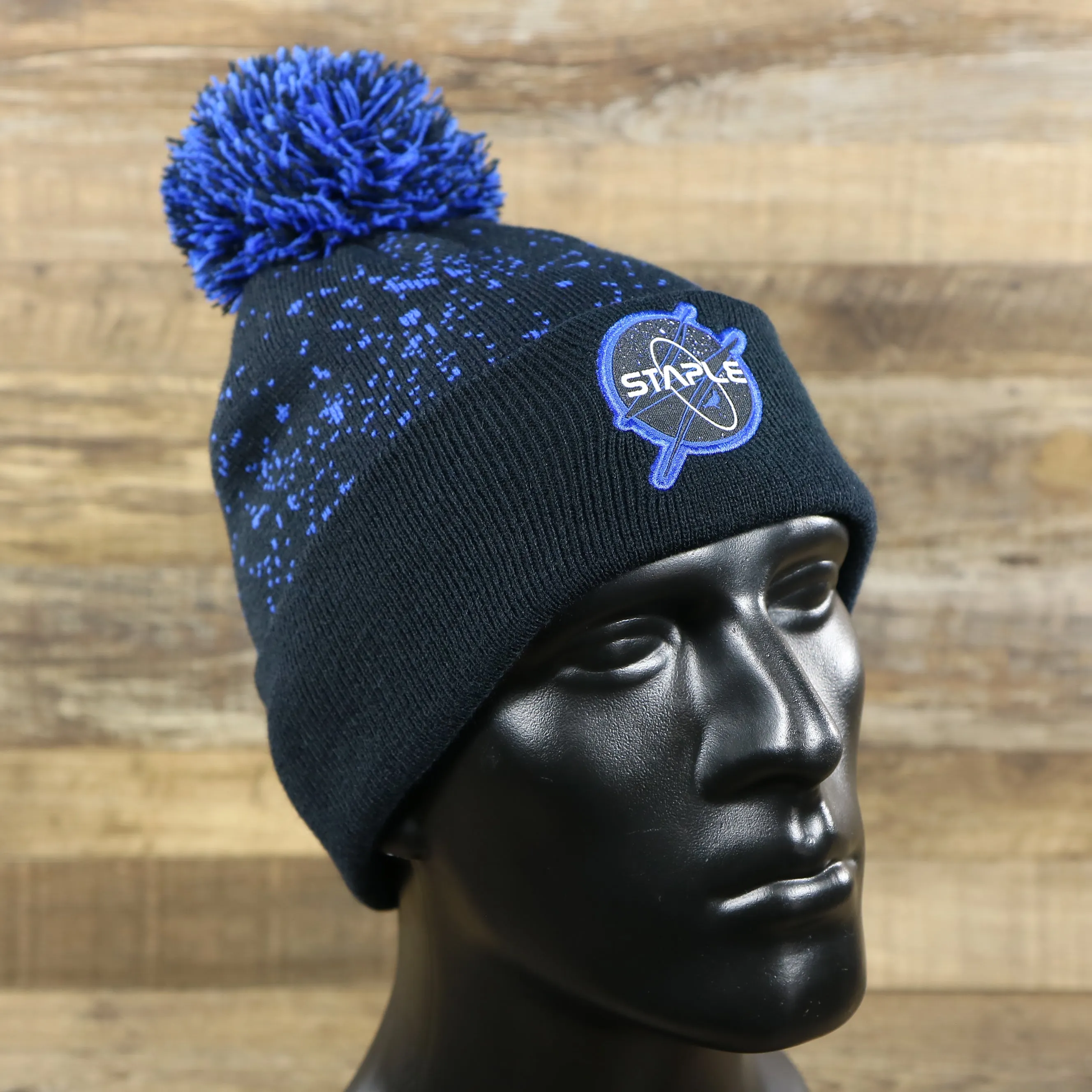 Staple Logo Print Winter Beanie - Black and Royal Blue color