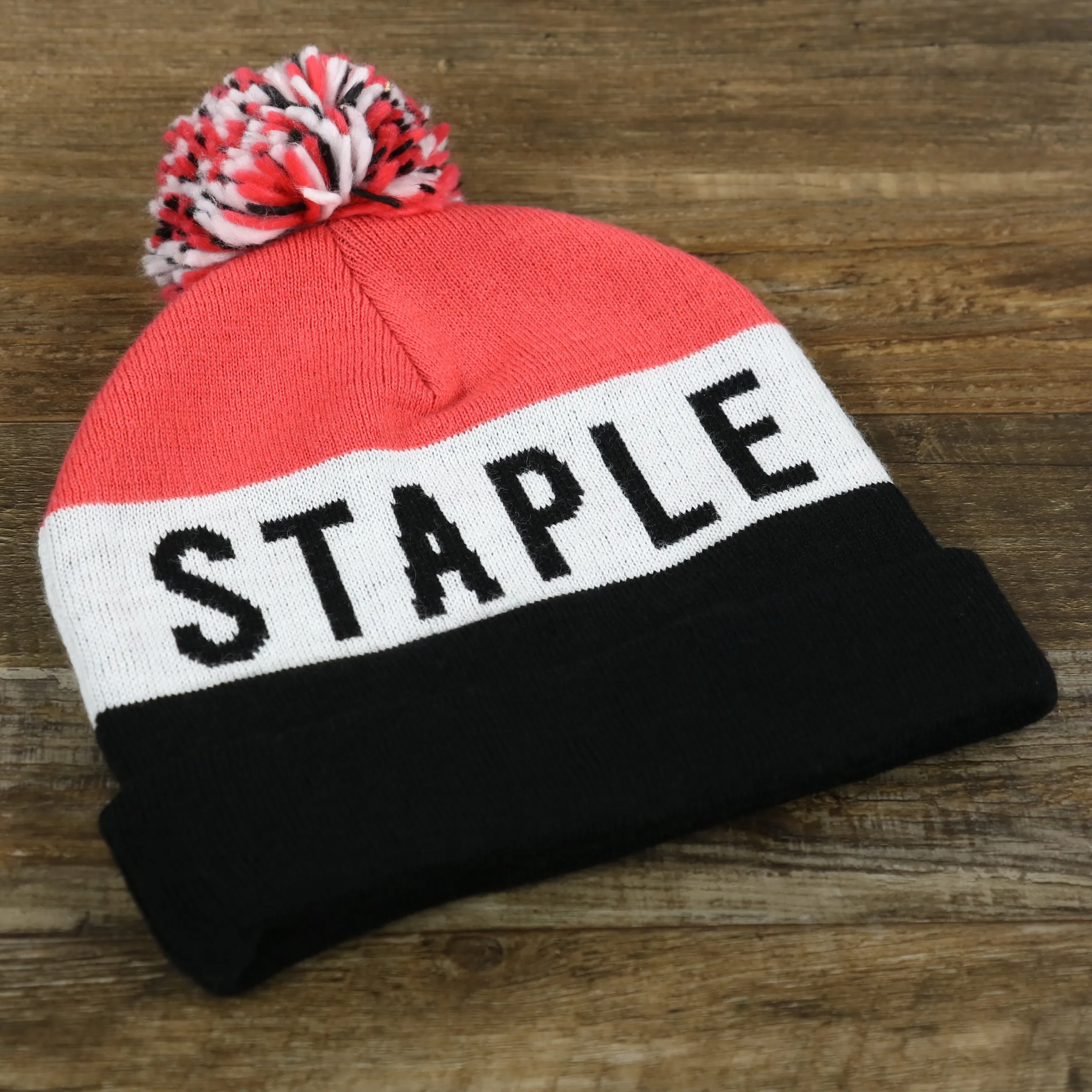 Staple Pigeon Logo Striped Beanie - Red, White & Black Winter Hat