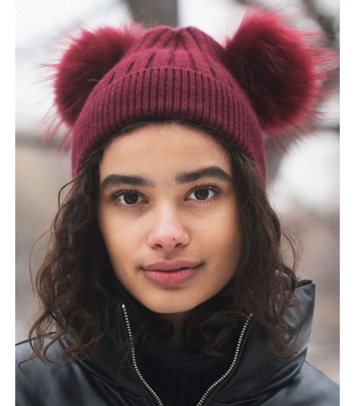 The Ky Double Pom Pom Beanie Hat in Black: FurHatWorld.com