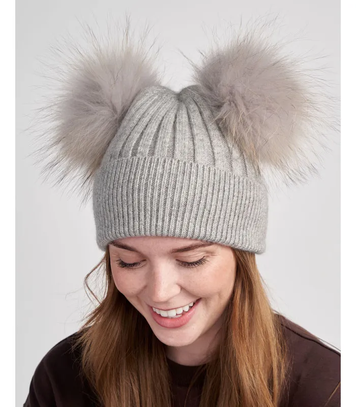 The Ky Double Pom Pom Beanie Hat in Grey: FurHatWorld.com