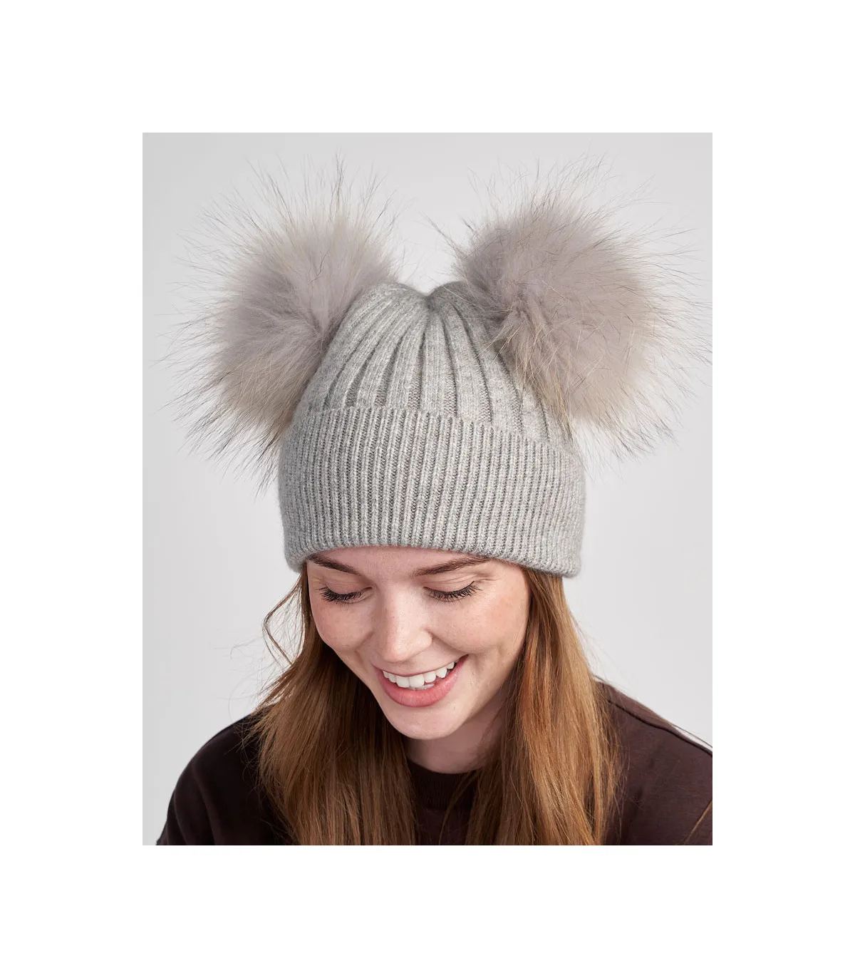 The Ky Double Pom Pom Beanie Hat in Grey: FurHatWorld.com