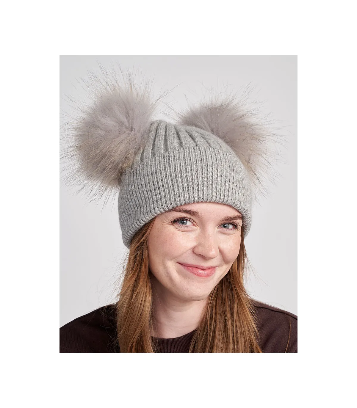 The Ky Double Pom Pom Beanie Hat in Grey: FurHatWorld.com