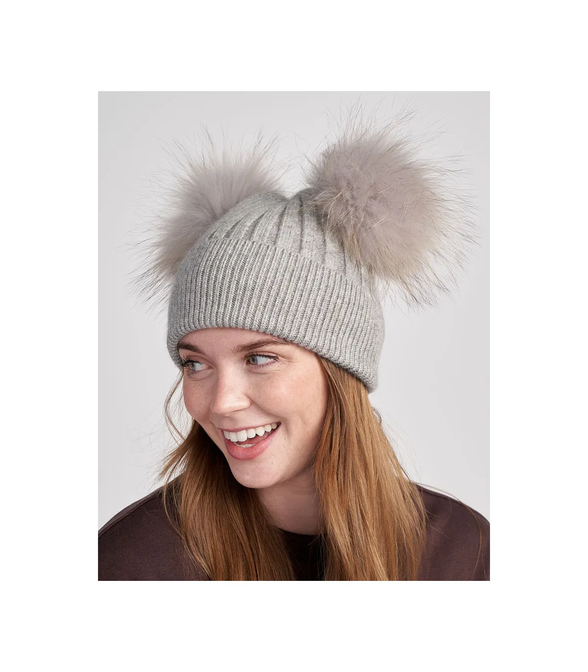 The Ky Double Pom Pom Beanie Hat in Grey: FurHatWorld.com