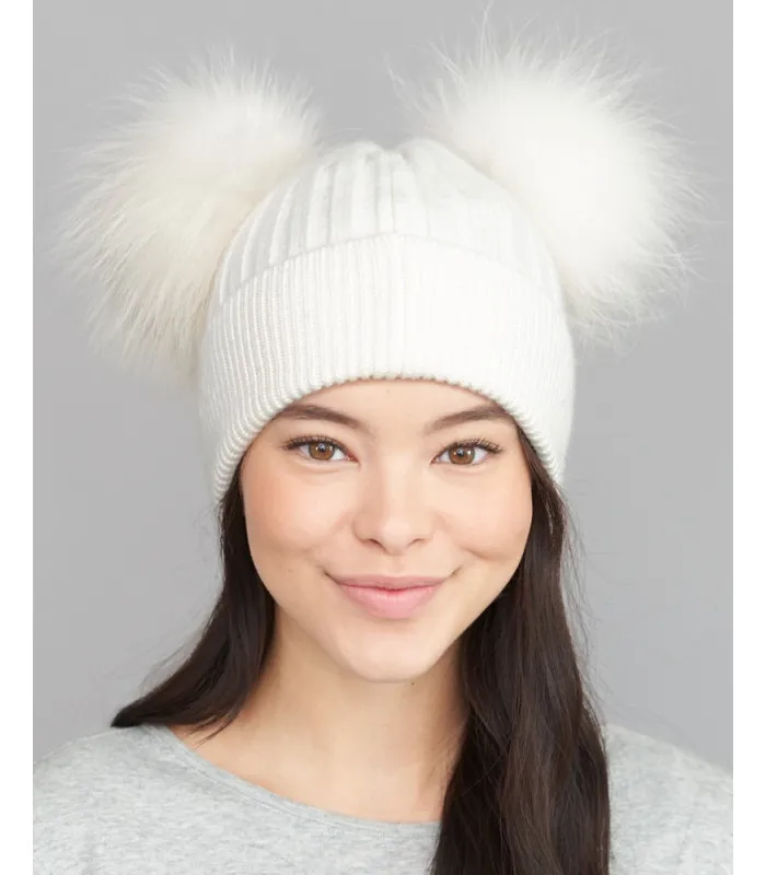 The Ky Double Pom Pom Beanie Hat in White: FurHatWorld.com